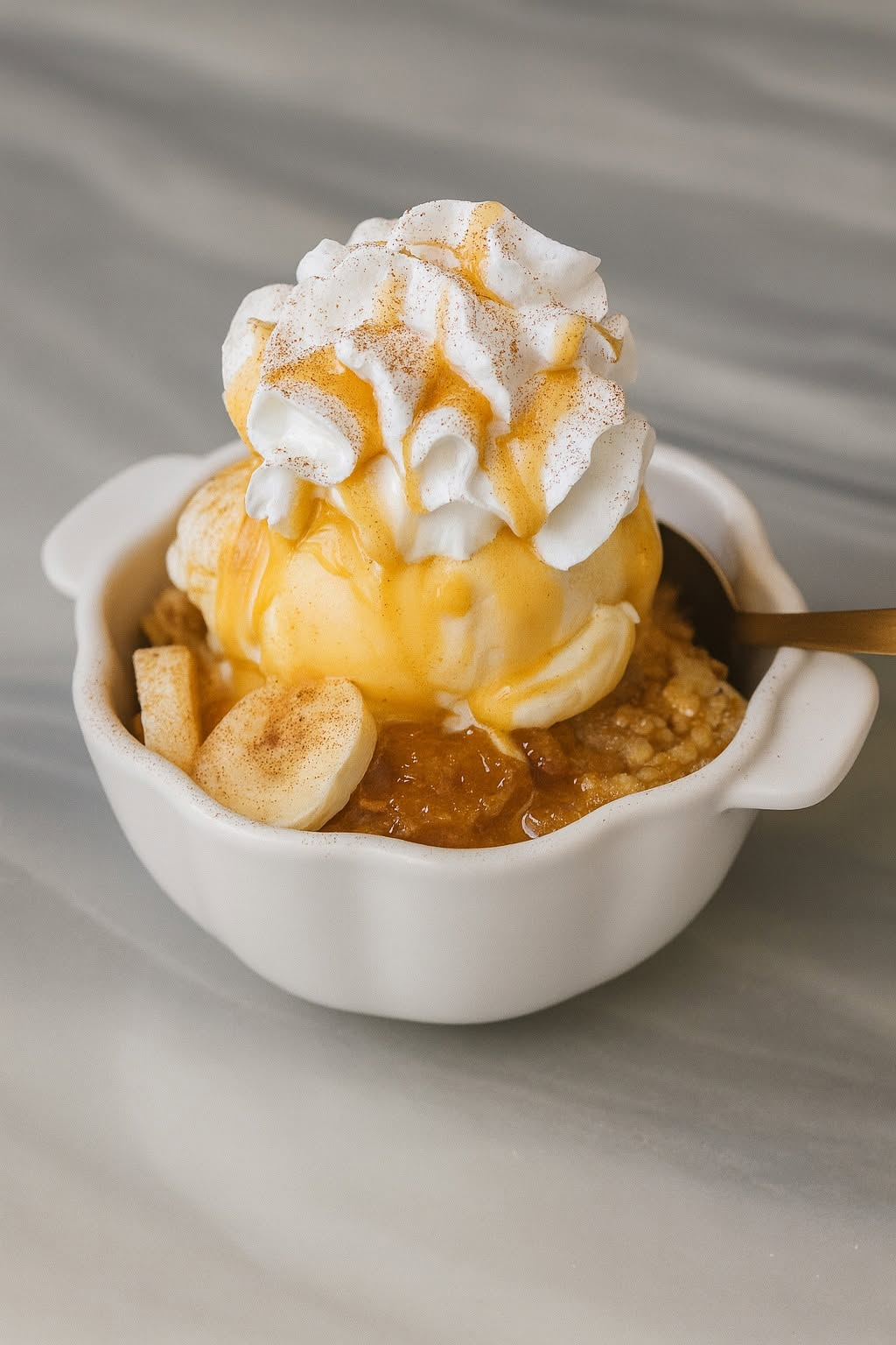 Warm banana bread cobbler topped with ice cream, whipped cream, and caramel