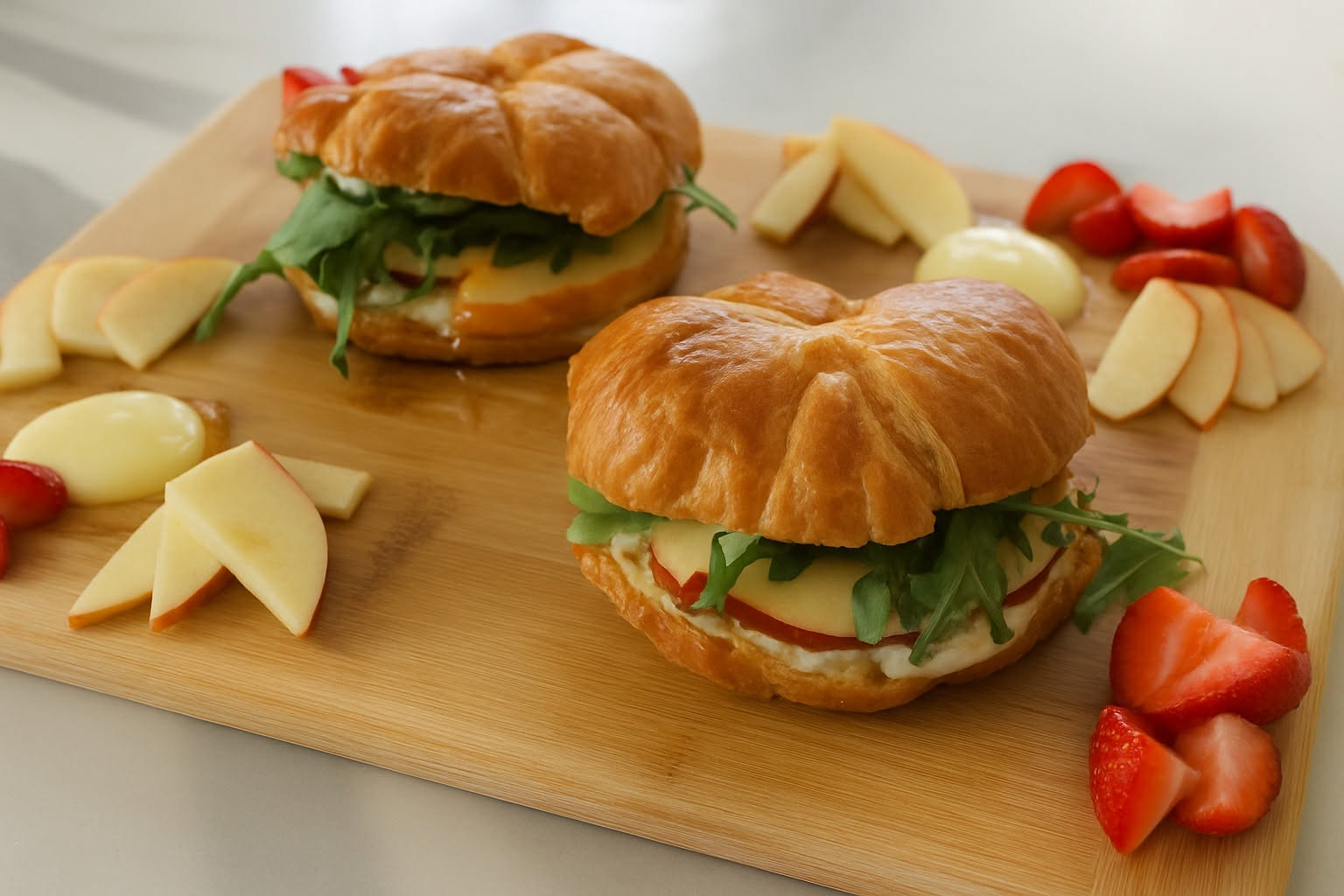 Brie, apple, and arugula croissant sandwiches with fresh fruit