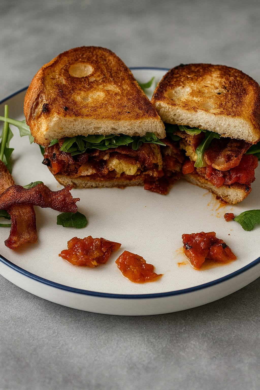 Brunch BLT on golden sourdough with bacon, eggs, arugula, and tomatoes