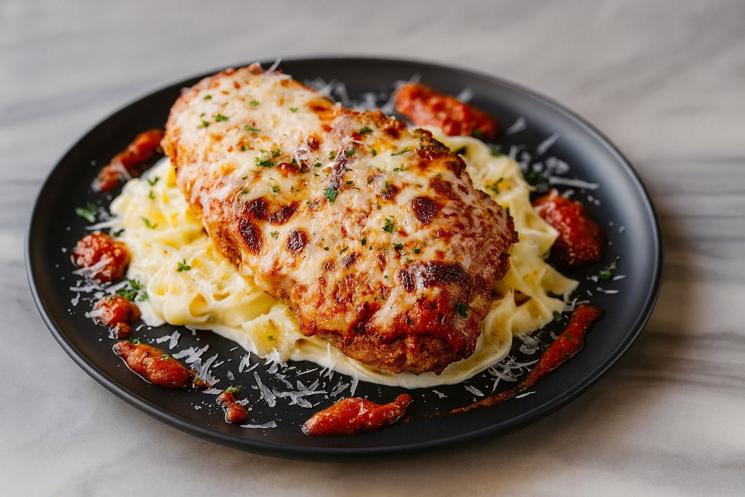 Crispy chicken Parmesan with melted mozzarella over creamy fettuccine on a black plate