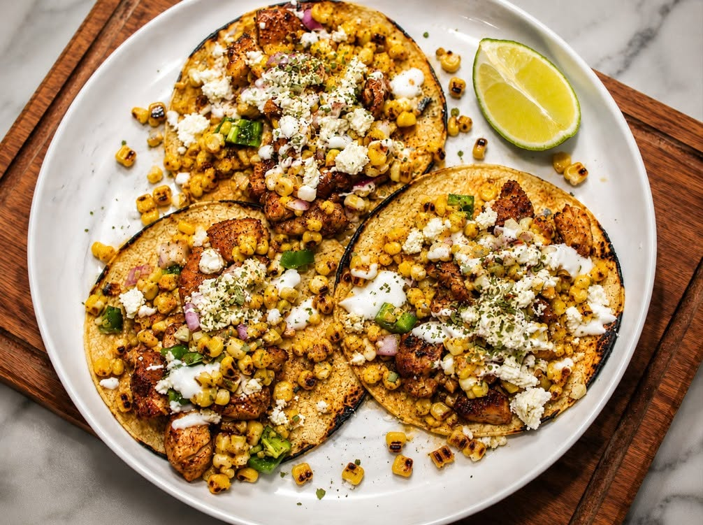 Chicken and street corn tacos with queso fresco and lime drizzle