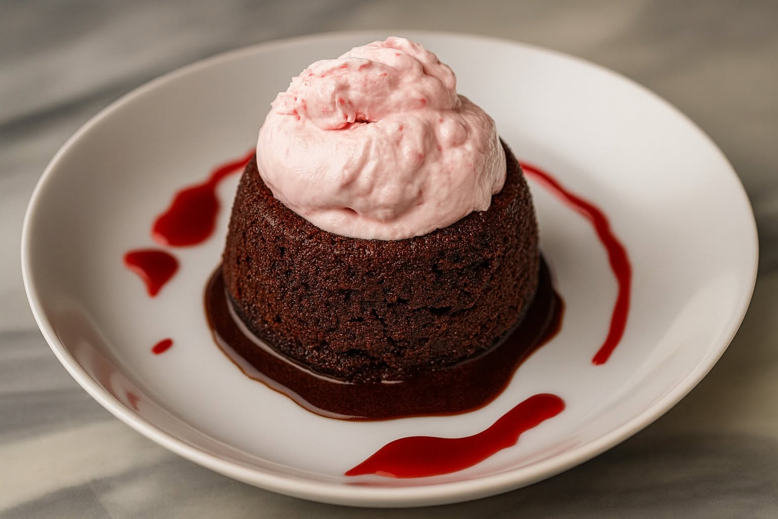Chocolate lava cake topped with raspberry whipped cream