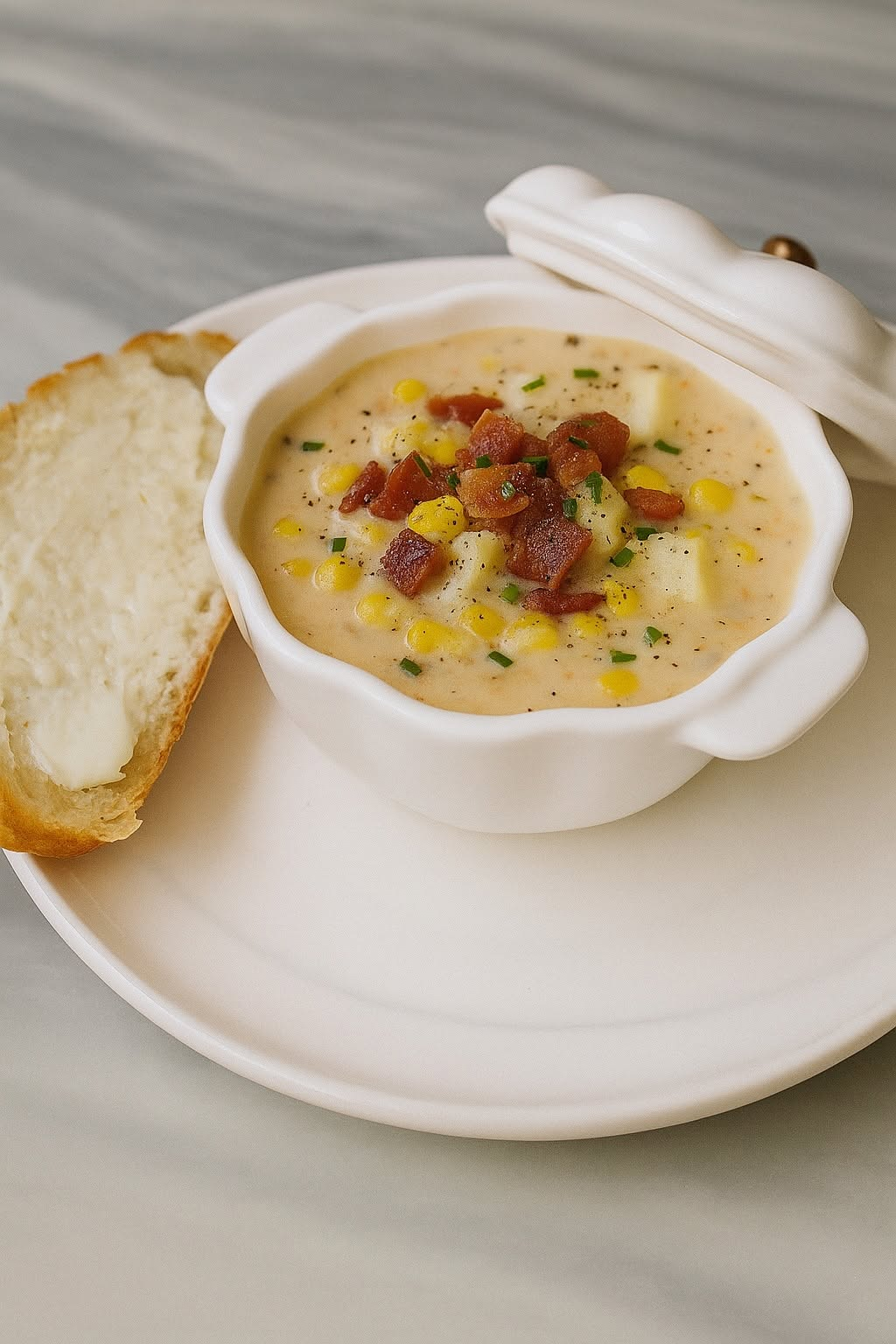 Creamy corn and potato chowder topped with crispy bacon and chives, with buttered bread alongside