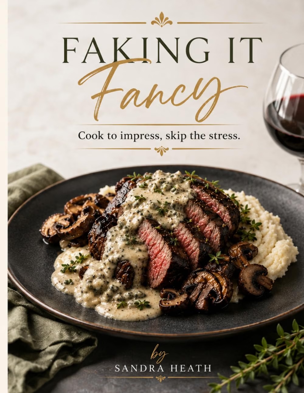 Cover of Faking It Fancy by Sandra Heath, featuring steak with cream sauce, mushrooms, and mashed potatoes