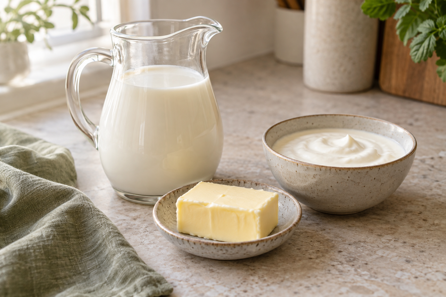 Milk, butter, and cream for choosing a cooking substitute