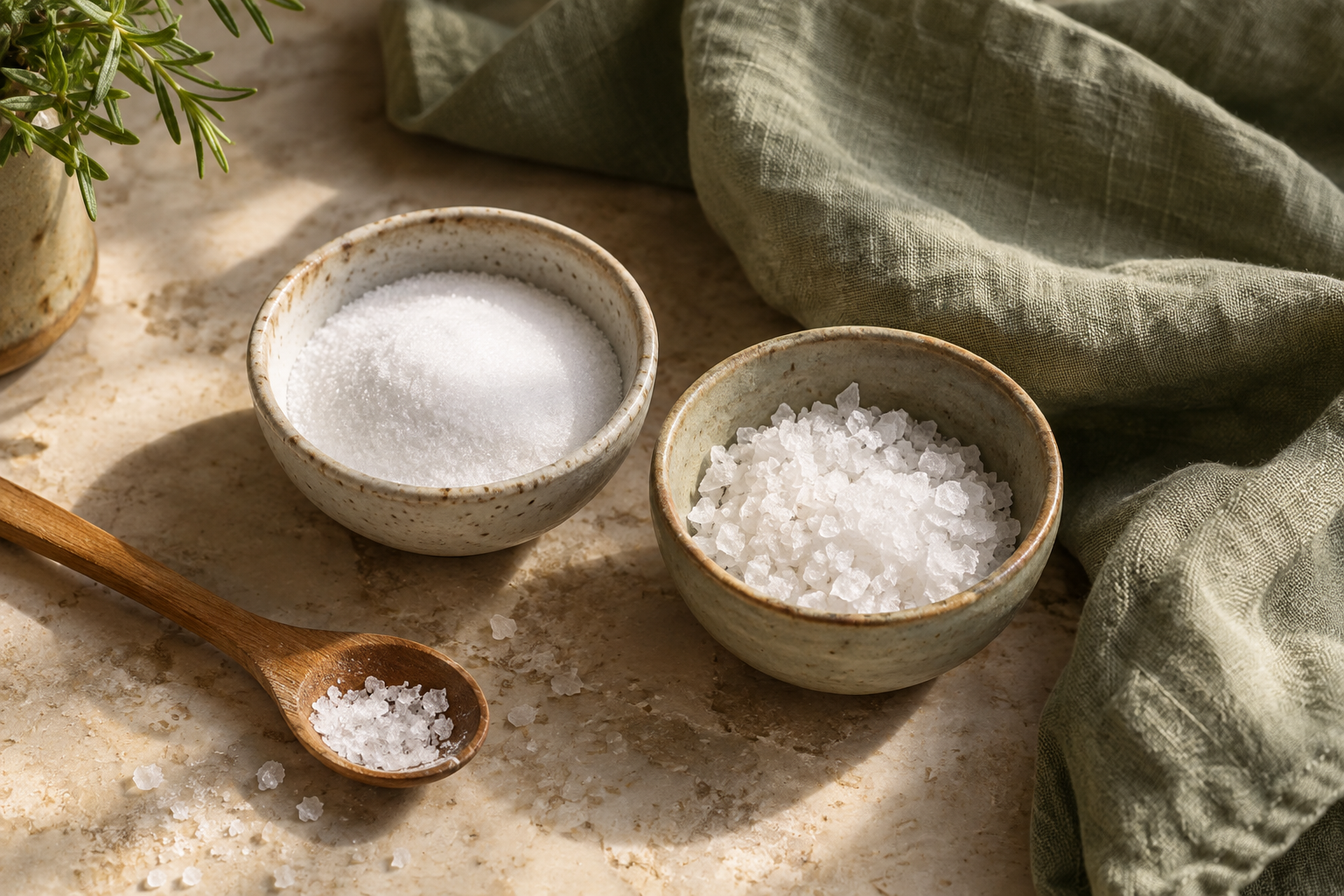 Bowls of fine and flaky salt with a wooden spoon