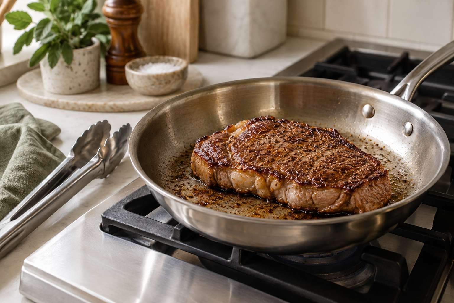 Steak developing a browned crust in a frying pan
