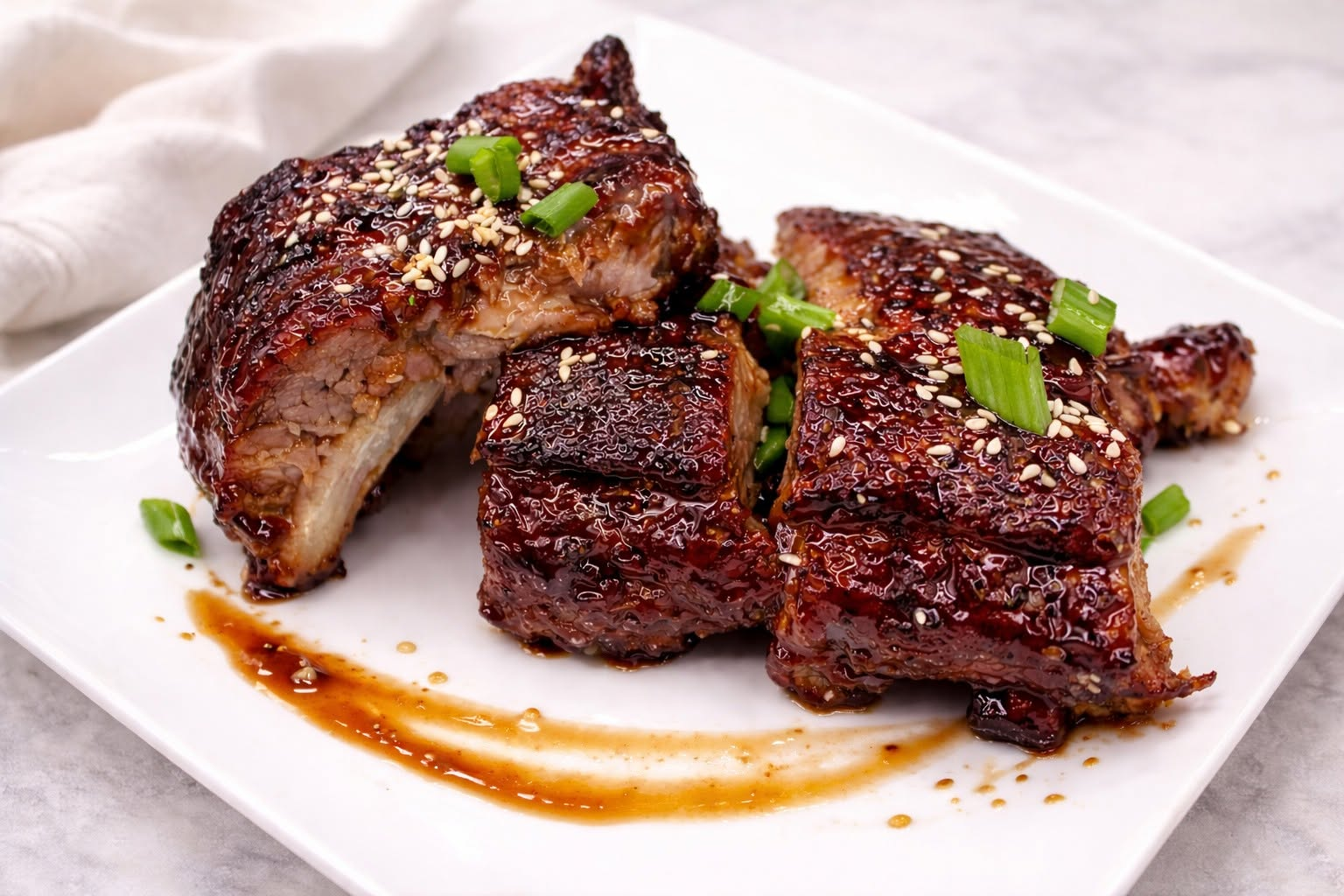 Korean BBQ sticky ribs with sesame seeds and green onions
