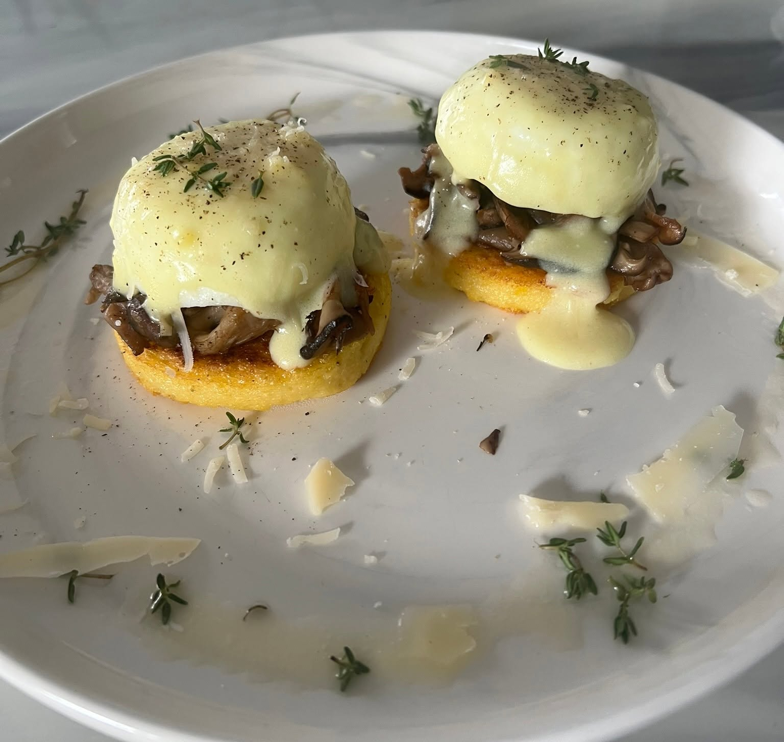 Mushroom Benedicts on crispy polenta cakes with silky hollandaise