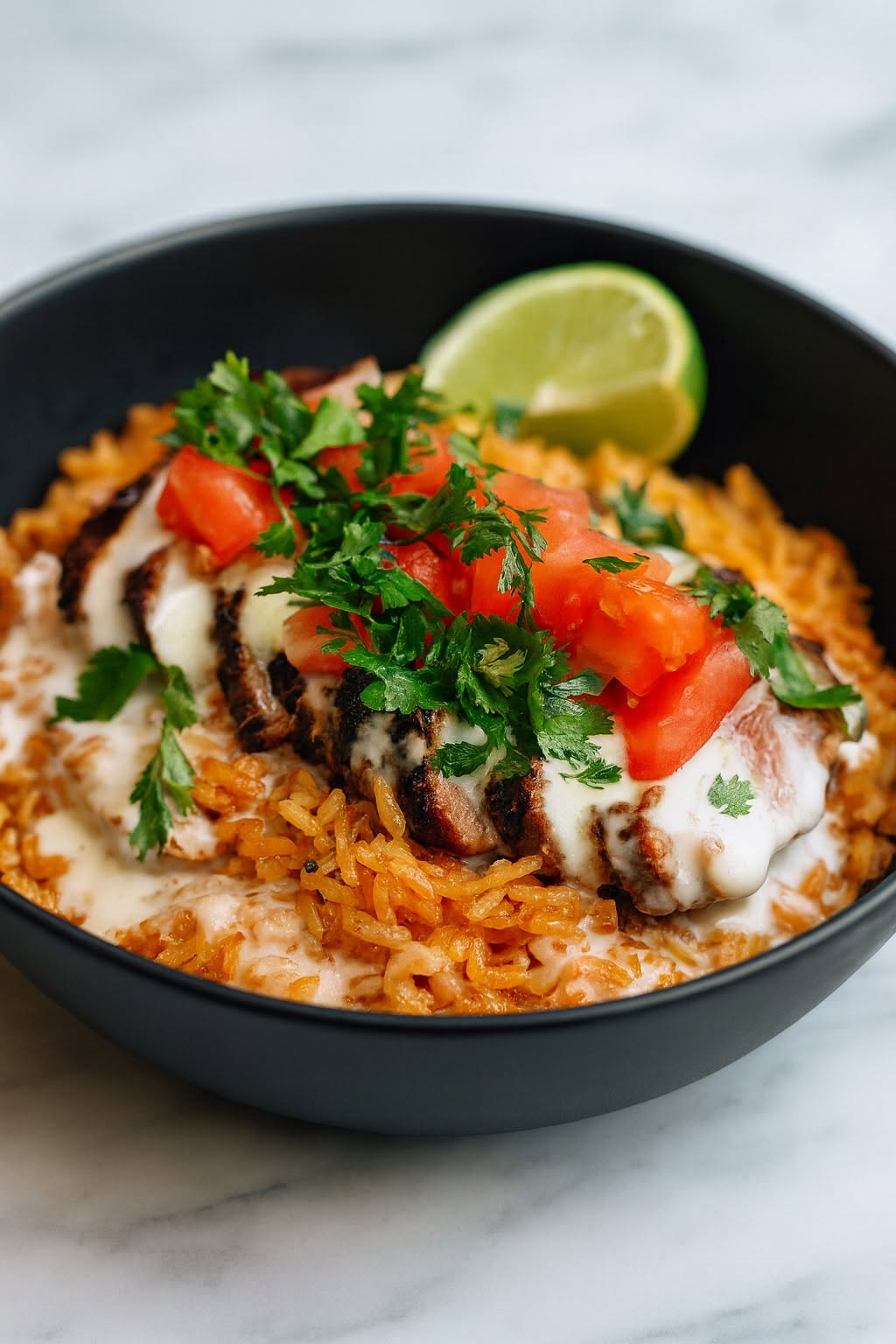 Steak and queso rice bowl with tomato, cilantro, and lime